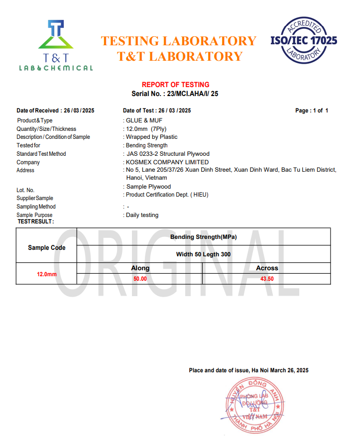 Kosmex 12 mm plywood recorded bending strength of 50 MPa under JAS 0233 testing