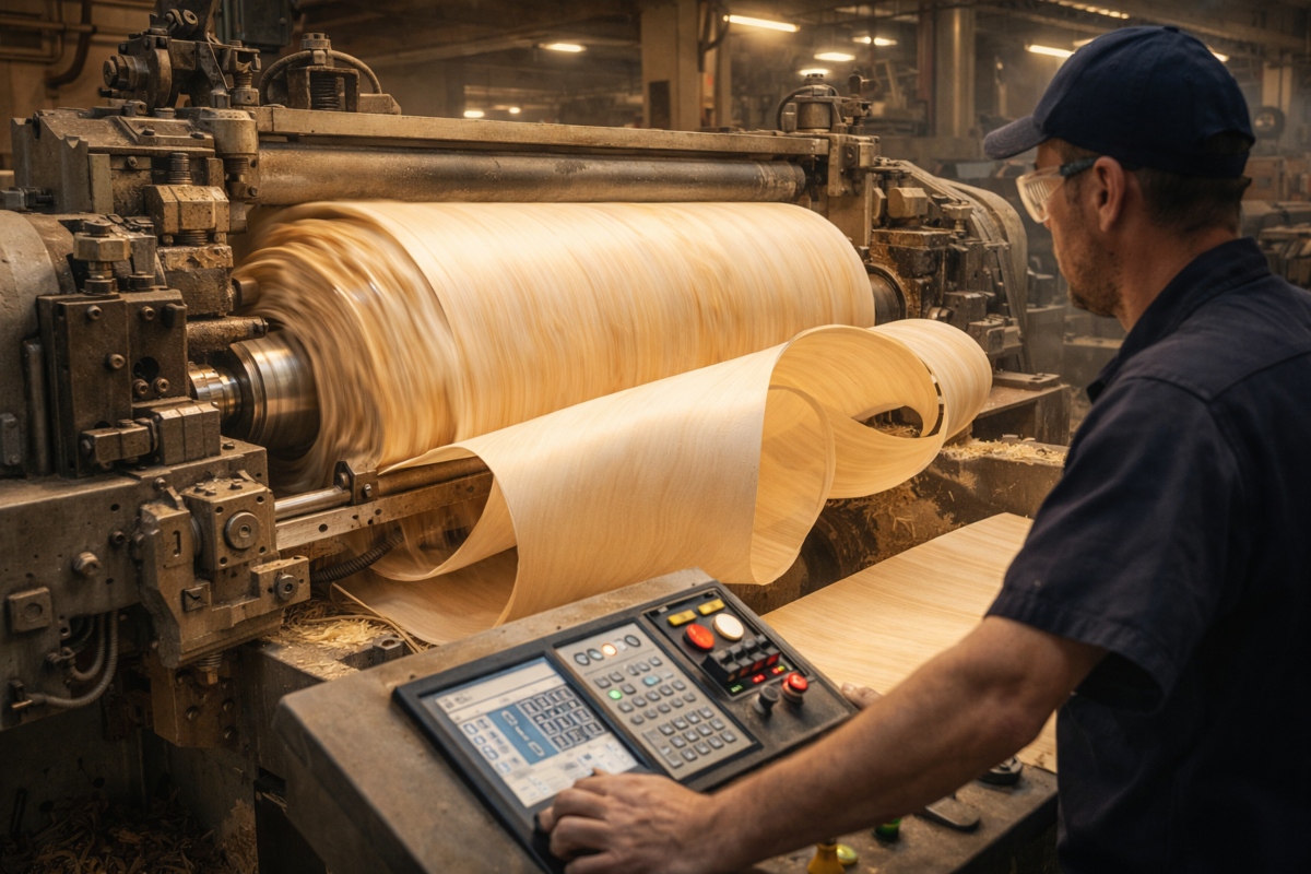Rotary peeling a log into continuous plywood veneer
