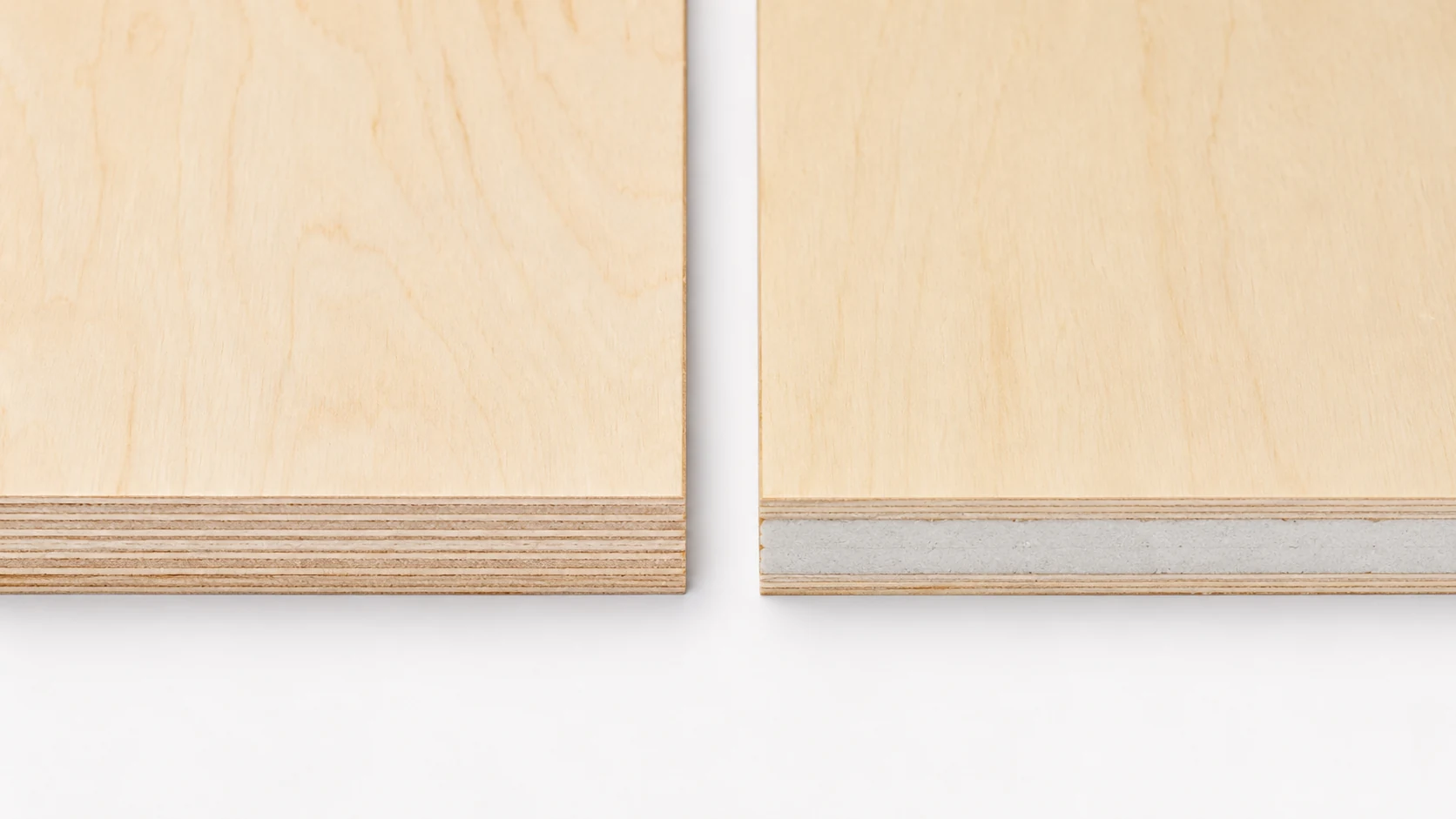 Side-by-side cross-section comparison of all-birch core and poplar combi core plywood panels showing internal layer difference Side-by-side cross-section comparison of all-birch core and poplar combi core plywood panels showing internal layer difference