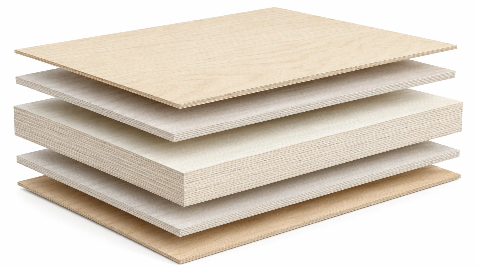 Exploded diagram of birch-faced poplar core plywood showing face veneer, crossband, and poplar core layers in combi core construction