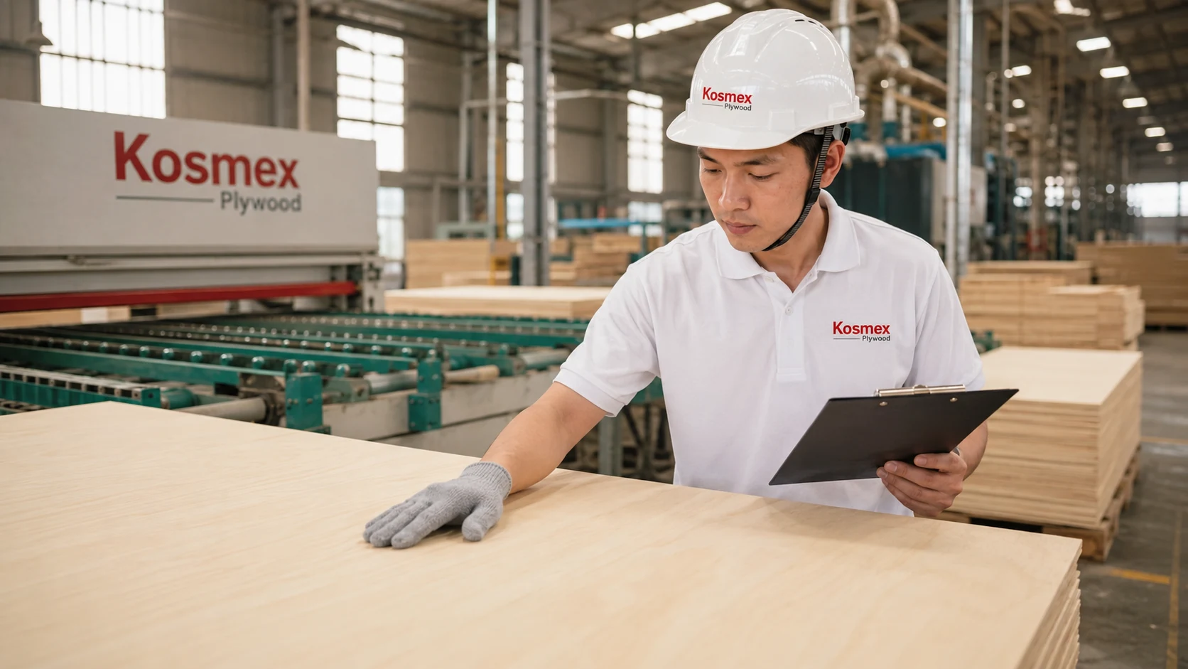 Kosmex QC technician grading birch plywood veneer surface for cabinet-grade specification