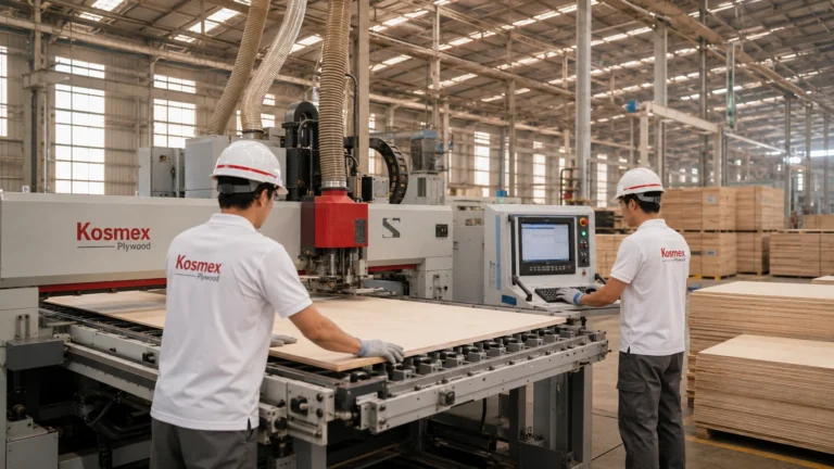 Kosmex Plywood factory worker inspecting birch plywood sheet for kitchen cabinet grade