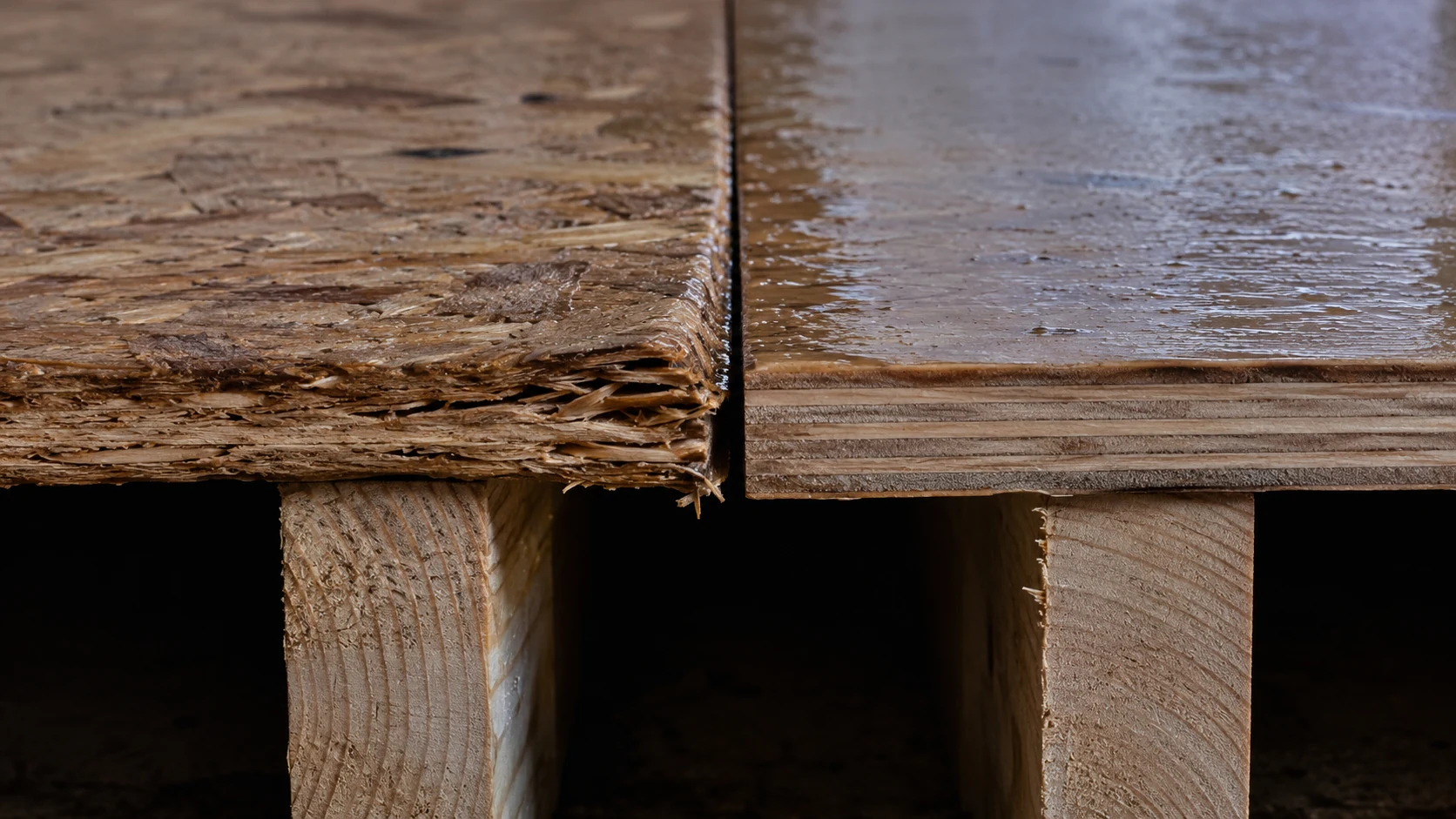 OSB subfloor panel with permanent edge swelling at panel joint compared to structural plywood panel with flat recovered edge after water exposure