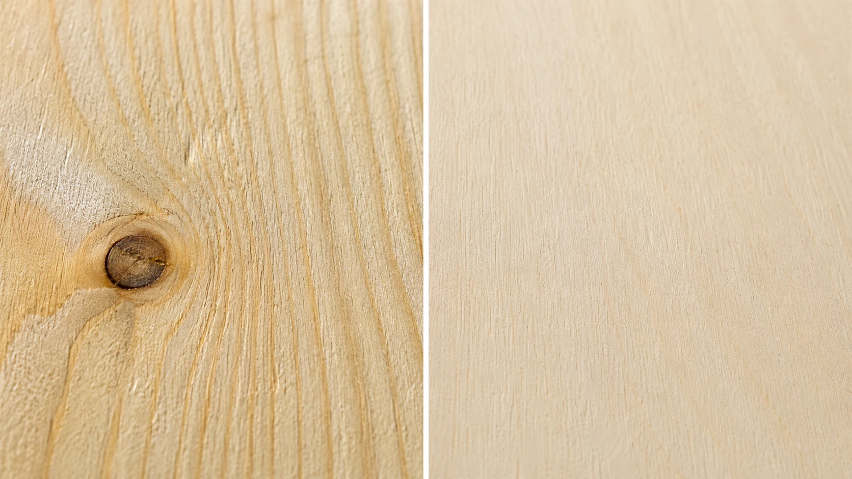 Macro close-up comparison of pine plywood open knotty grain surface versus smooth fine-grained birch plywood face veneer sanded to 120 grit