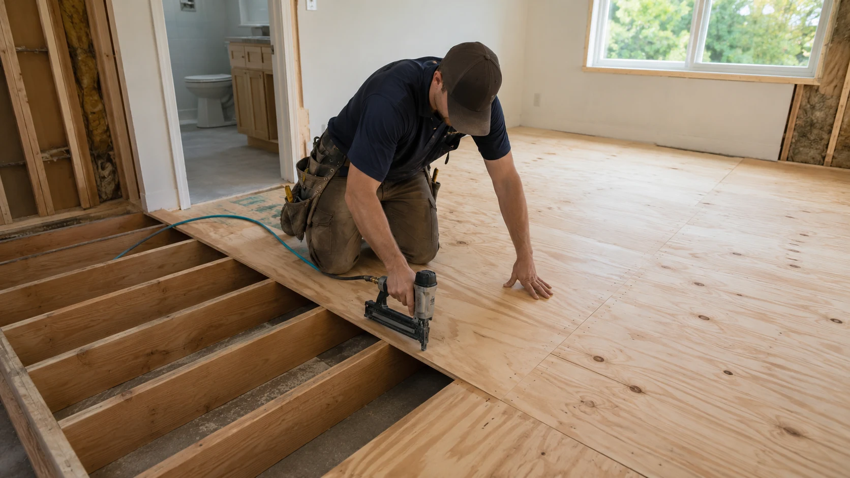 Worker installing 18mm tongue-and-groove structural plywood subfloor panels over floor joists in residential construction